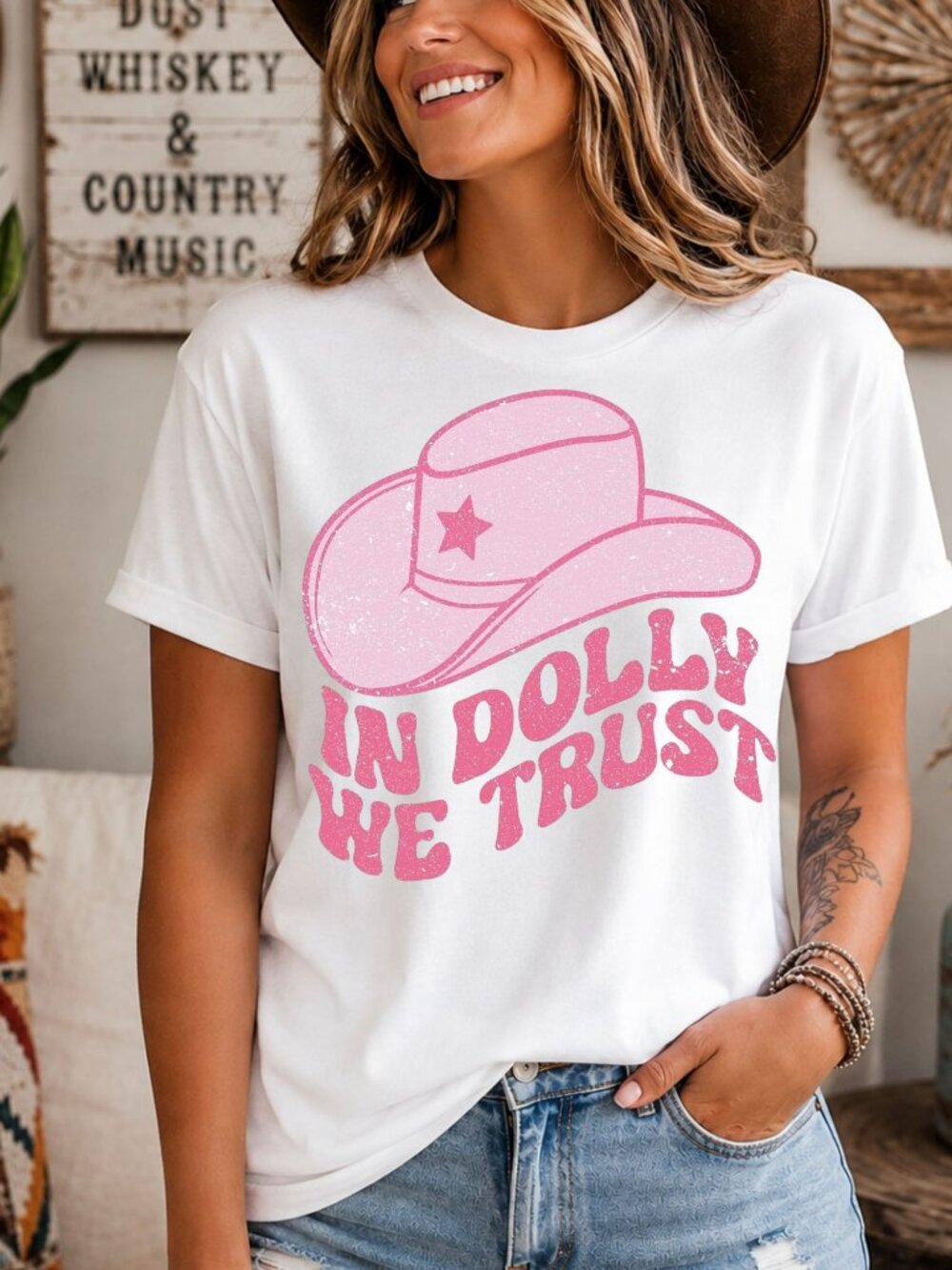 Dolly We Trust Western Graphic T Shirt Trendy Boutique Style Tee Womens White